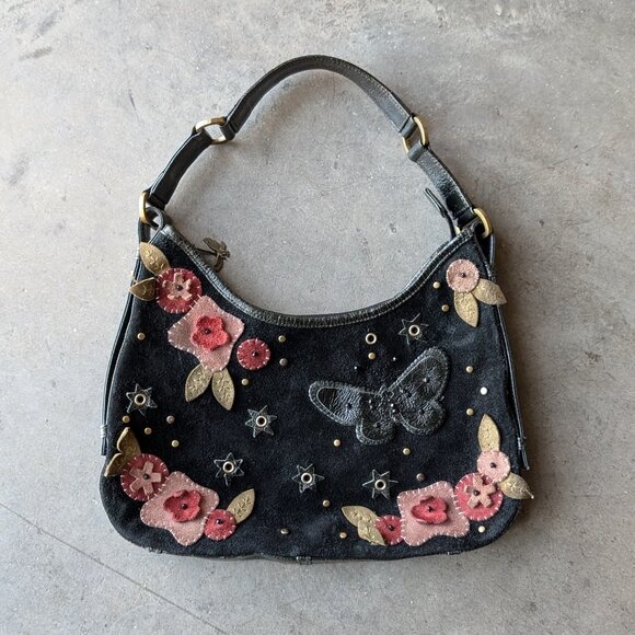 Nordstrom Black Suede Leather Butterfly Floral Applique Shoulder Bag Hand Bag - Picture 1 of 16